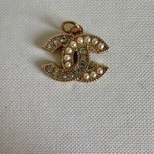 Chanel Stamped Gold Toned CC Pearl and Rhinestone ZipperPull Charm